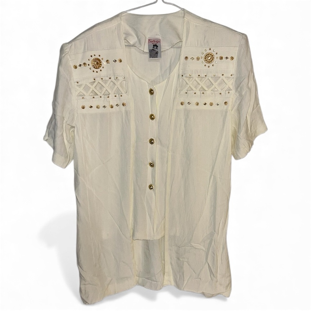 Vintage Fantazia Cream Blouse Button Down w/ Gold Details - Size Medium